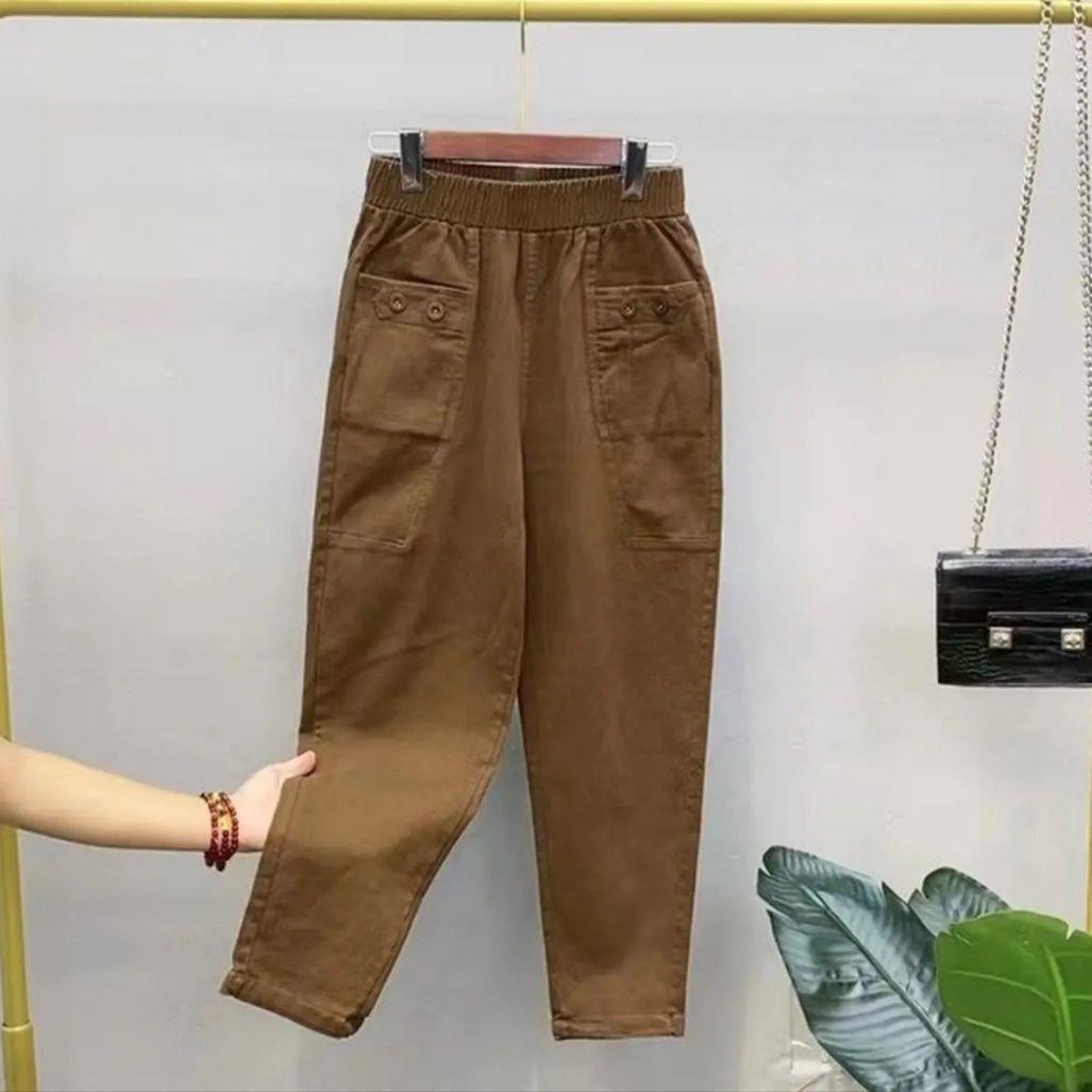 

High-Waisted Elastic Cotton Pants for Middle-Aged Women, Loose Fit, Plain Color, Casual Winter/Autumn Style 5XL (140-155 lbs)
