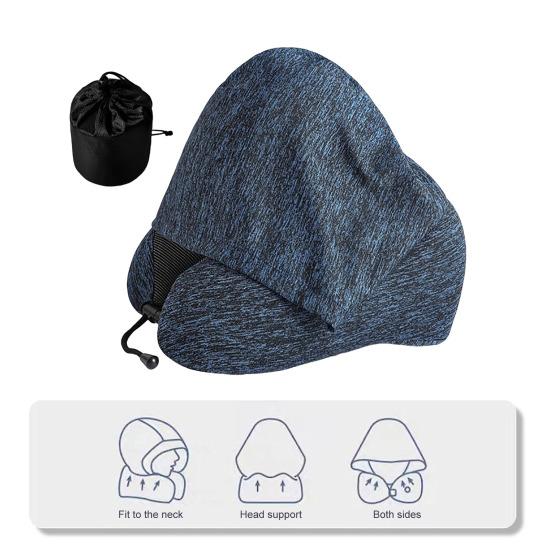 Travel Neck Pillow with Hood Memory Foam U-shaped Pillow with Adjustable Drawstring Breathable Neck Cushion for Airplane Car Long Flights Road Trips