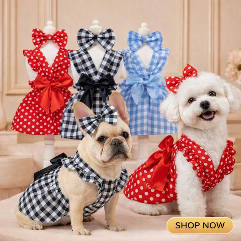 Bow Headband Cat Dog Princess Dress Polka Dots Printing Pet Dress Cute Pet Skirts Spring Summer