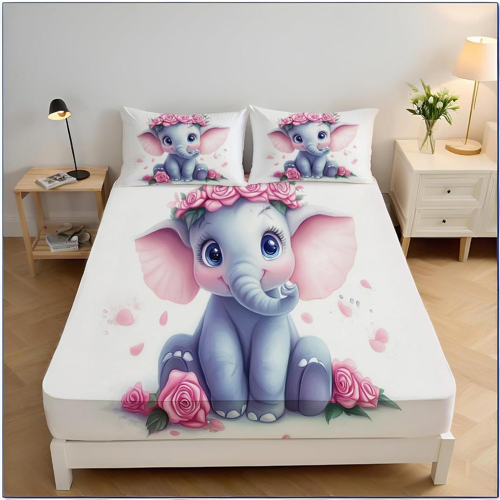 Elephants Fitted Sheet, African Landscape Bedding Set, Bed Sheets Room Decor For Teens Boys Girls,3 Piece Bedding Decor Set