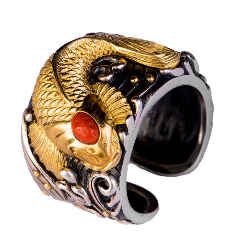 Men's Koi Adjustable S925 Silver Thumb Ring - Handmade Retro Ethnic Style Jewelry