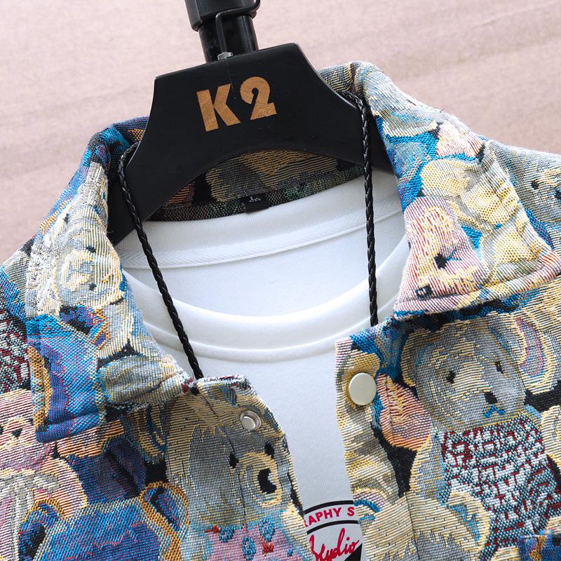 Jachetă Denim Jacquard cu Ursuleț pentru Bărbați - Nouă Modă Streetwear Toamnă/Iarnă