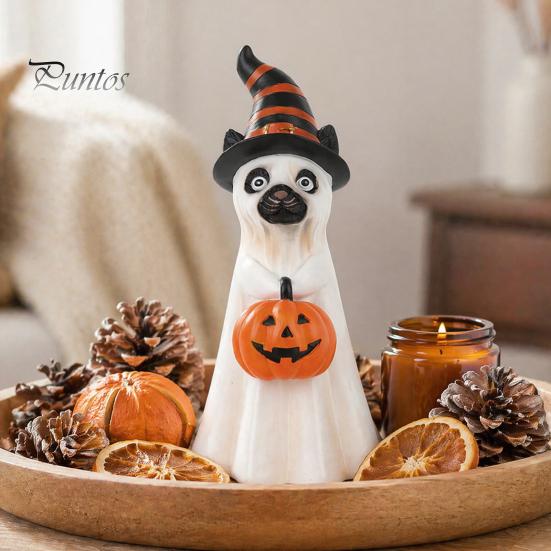 Indoor Haunted House Supplies Halloween Ghost Dog Figurine, Wizard Hat Pumpkin Resin Statue, Cute Tabletop Decor Puppy Ornaments for Entryway