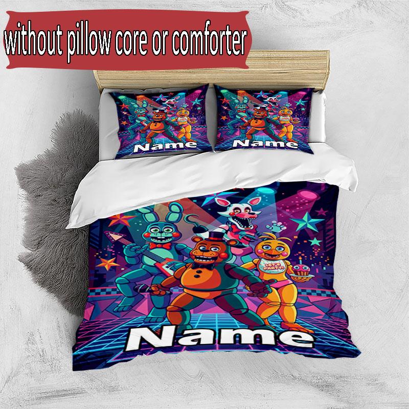 3'lü Nevresim Takımı (1*Nevresim Kılıfı + 2*Yastık Kılıfı, Çekirdeksiz), Özel İsimli Five Nights at Freddy's Desenli Nevresim Takımı, Ev Yatak Odası Dekorasyonu Hediye