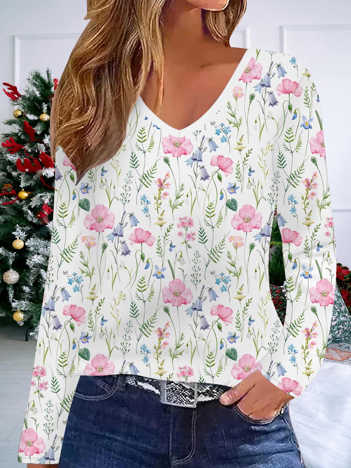 

Модная повседневная женская футболка с V-образным вырезом и длинными рукавами с 3D-принтом цветов - Одежда для новогодней вечеринки, праздничный подарок 6XL розовый