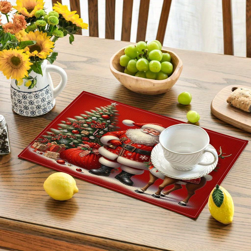 4-Piece Santa's Reindeer Placemats Easy-Clean Christmas Dinner Family Gatherings & Holiday Parties Table Decor