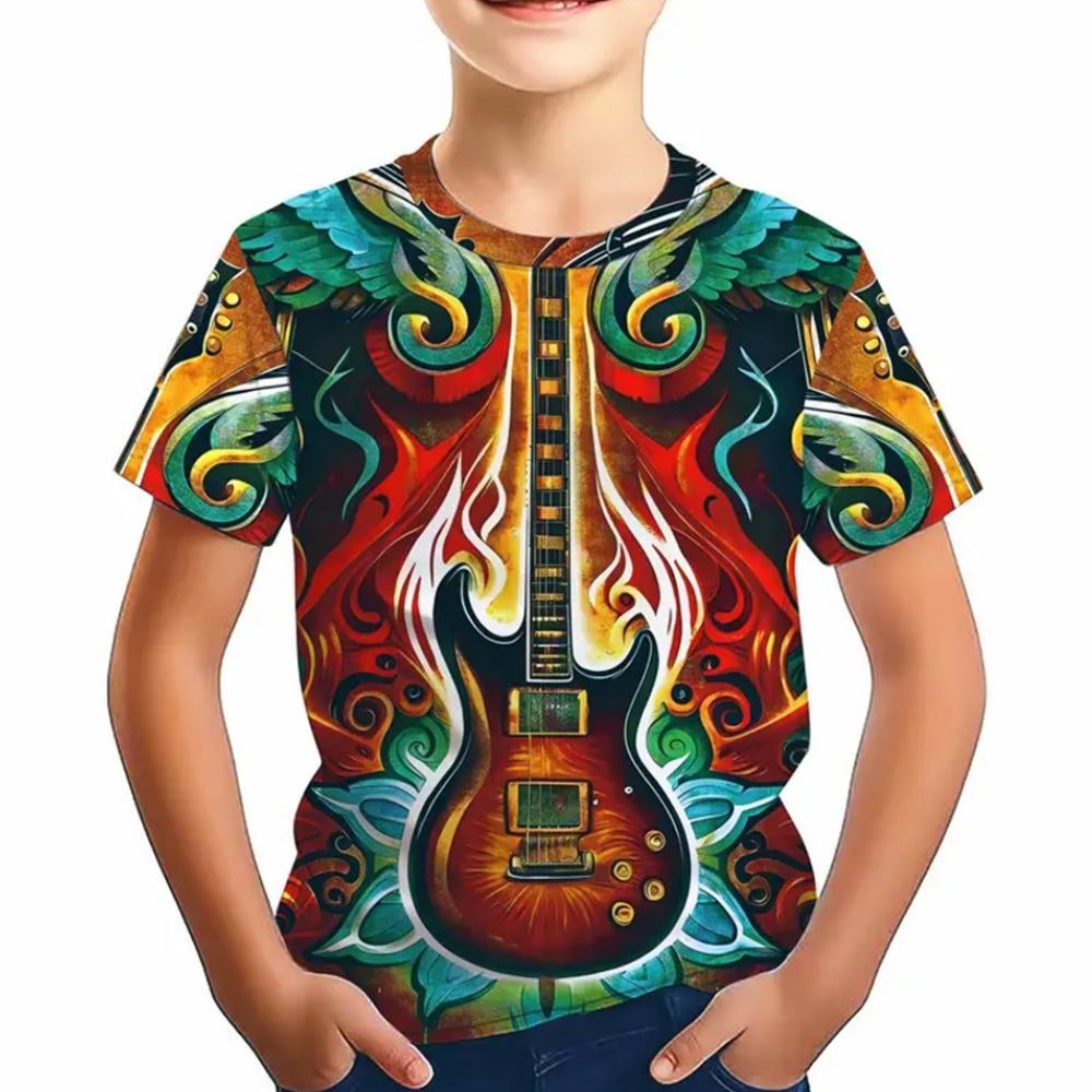 2025 Kids Clothes Cartoon Guitar Printed Short Sleeve T-Shirt Summer Outdoor Casual Crew Neck Tee Children's Clothing T-Shirts