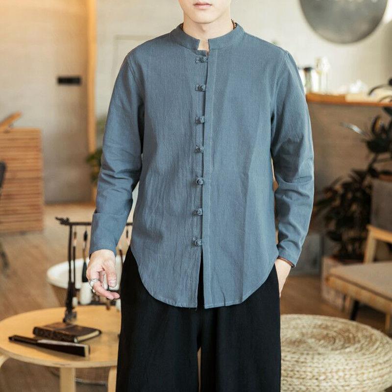 Men’s Chinese Style Long-Sleeve Linen Tang Suit Shirt and Jacket