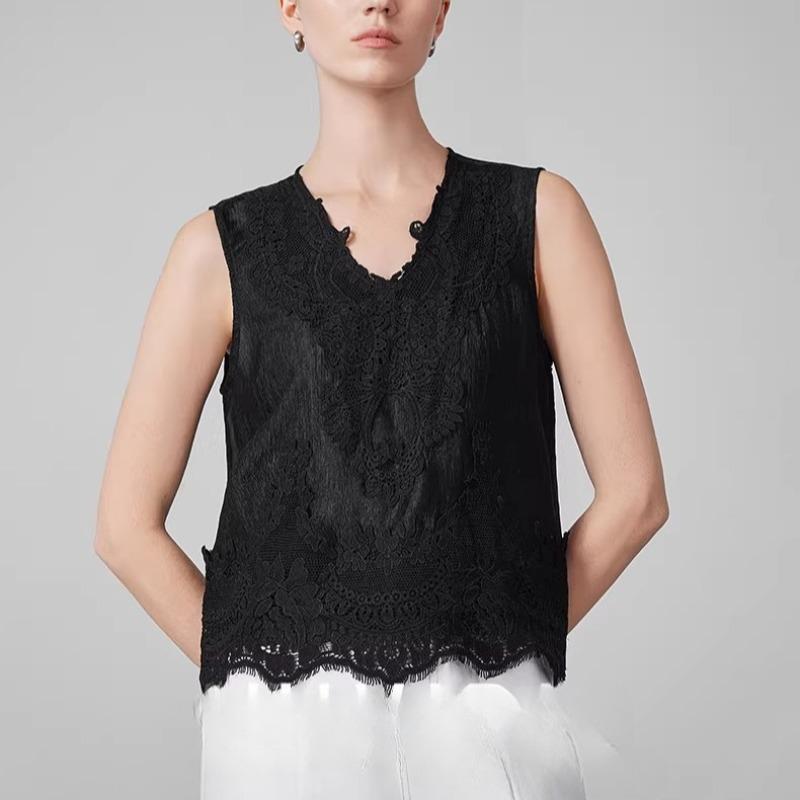 DIMANAF 2026 Neues Weste-T-Shirt Damen Spitze Rundhalsausschnitt Ausgeschnitten Sommerstil Basic Tops T-Shirts Lockere Weste