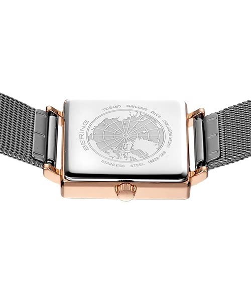 BERING Square Quartz Grey x Rose Stainless Mesh Official Internal Sapphire Scratch Shatter Resistant Ladies' Watch, Gold, Steel, Strap, 18226-369,