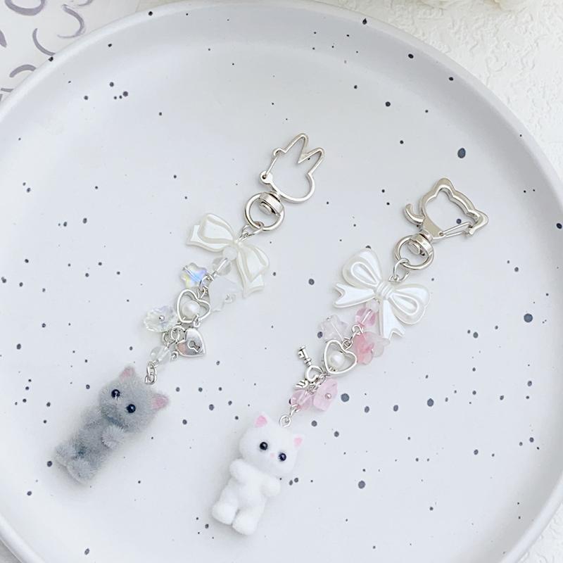1Pc Car Keys Holder Flocking Cat Keyring Bowknot Small Flower Bead Pendant Phone Lanyard Animal Key Chain Charm Accessories