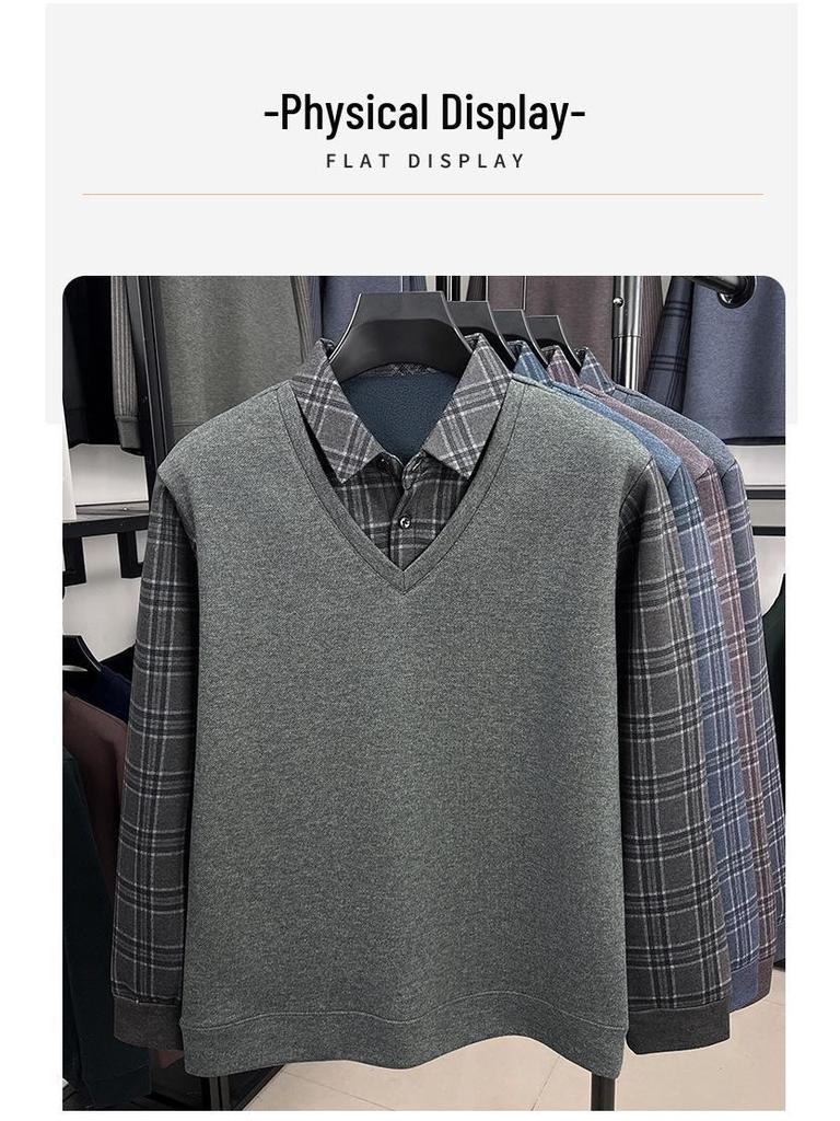 Men's Winter Knit Shirt with Velvet Thickened Layer and Collar