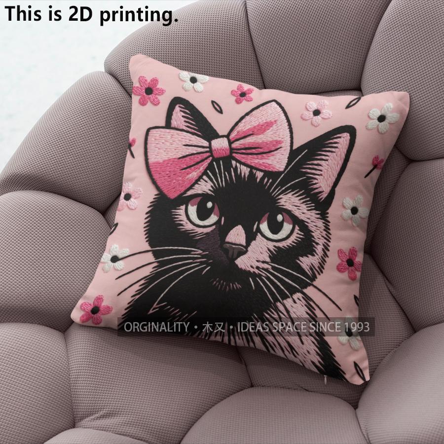 Cute Black Cat Pink Bow Decorative Pillow Covers Pattern Cushion Cover Suitable For Sofa Bedroom Car Pillow Cover