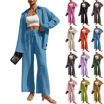 Women's Fashion Solid Color Long Sleeved Button Cardigan Top Elastic Waist Casual Pants Two-piece Set