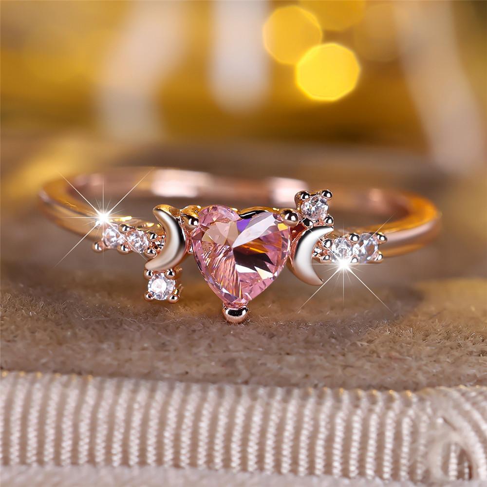 Female Cute Small Moon Ring Elegant Pink Crystal Heart Stone Rings For Women Vintage Rose Gold Color Wedding Band Bridal