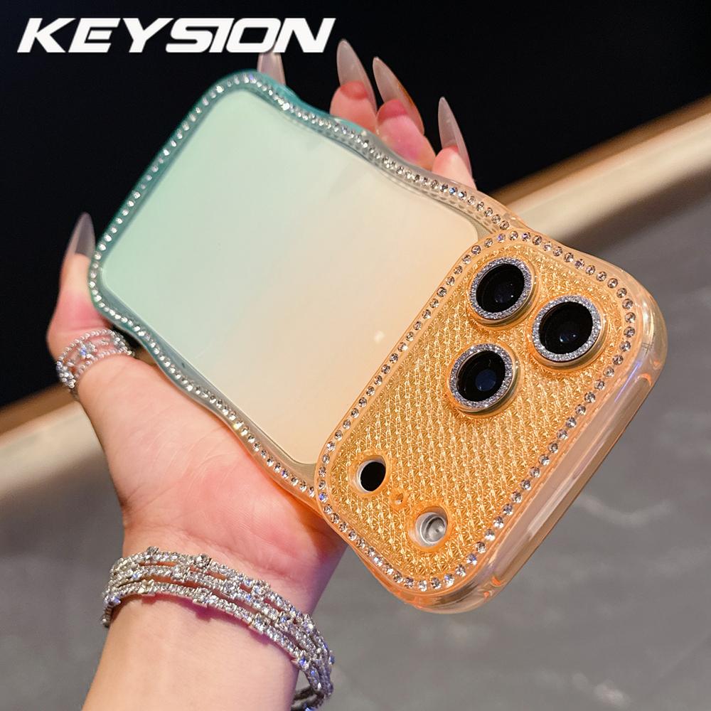 KEYSION Rhinestone Phone Case for iPhone 13 14 15 16 17 Pro Max 17 Air 16 Plus Transparent Wavy Lens Protector Shockproof Back Cover