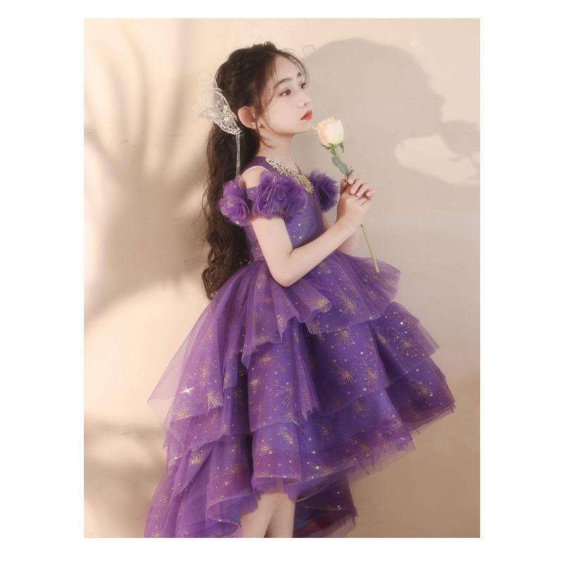 Kids Purple French Princess Evening Gown, Girls Host Wedding Flower Girl Piano Dress