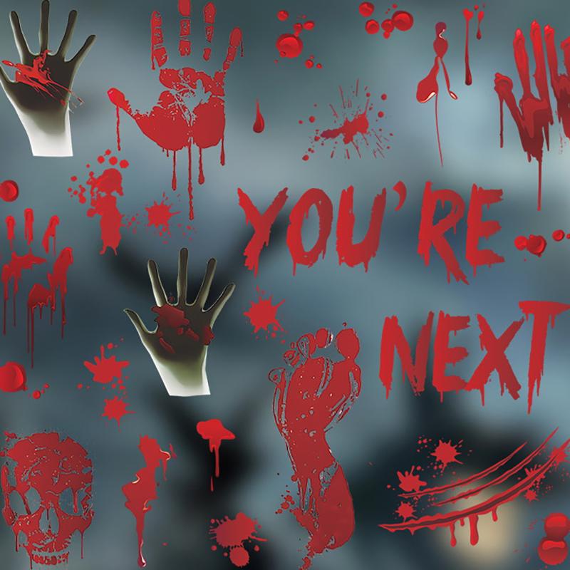 Halloween Blood Handprint Skull Wall Sticker Pvc Bedroom Background Decoration Horror Self-Adhesive Wall Sticker