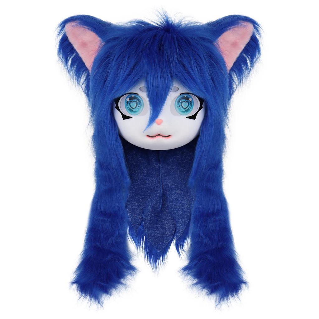 Cute Plush Furry Full Head Cat Mask Long Fur Big Heart Shaped Eyes Cosplay Costume Prop For Carnival Party Anime Role Play Coser