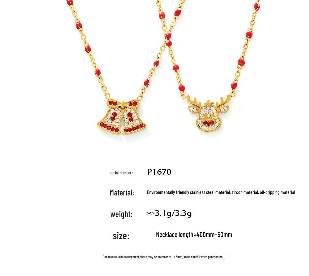 Mi Duo Duo Christmas Bell Reindeer Zircon Necklace - Stainless Steel Romantic Gift