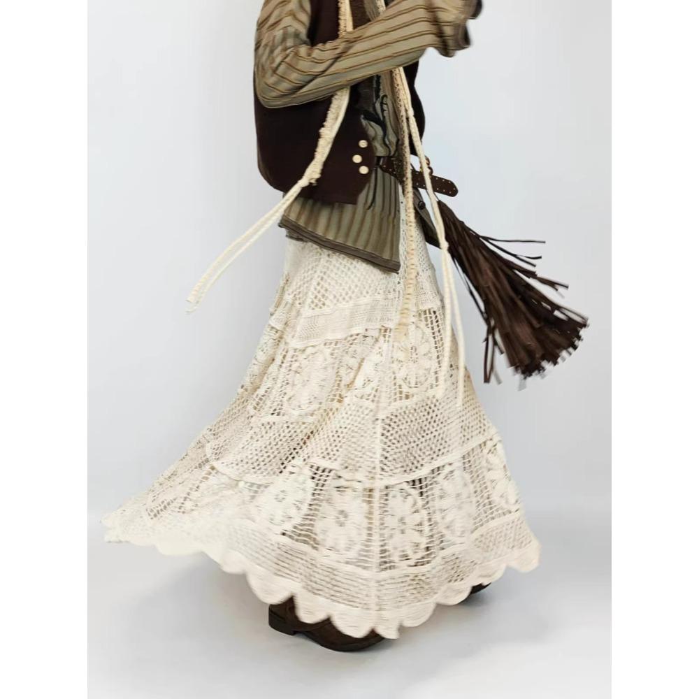 DIMANAF 2026 Neuer Rock Damen Strick Spitze Lang Spitze Durchbrochen Sexy Durchbrochen Sommer Stil Locker Basic