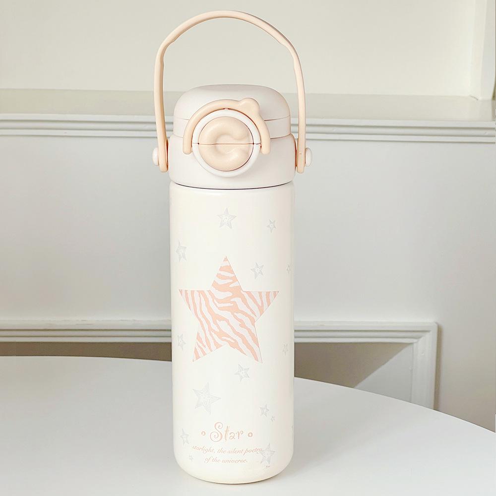 

Милий мультяшний термос: Портативний, зручний у школі з нержавіючої сталі з відкидною кришкою та подвійною трубочкою для пиття Striped Star Spot