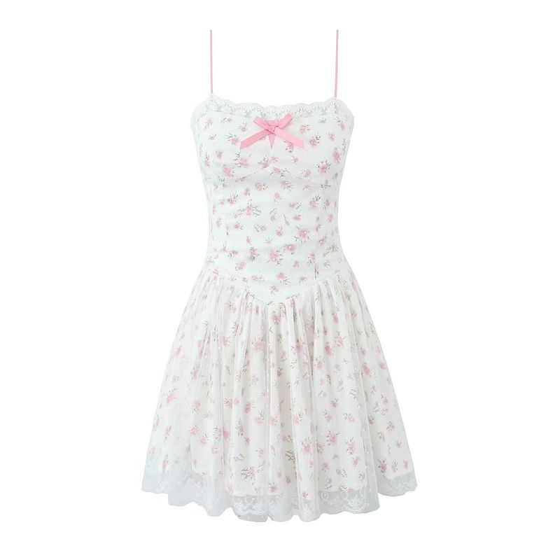 

Summer Fresh Princess Vietnam Niche Pastoral Sweet Floral Mesh Bow Strapless Dress Sling Dress Gauze Floral Skirt(High quality) L