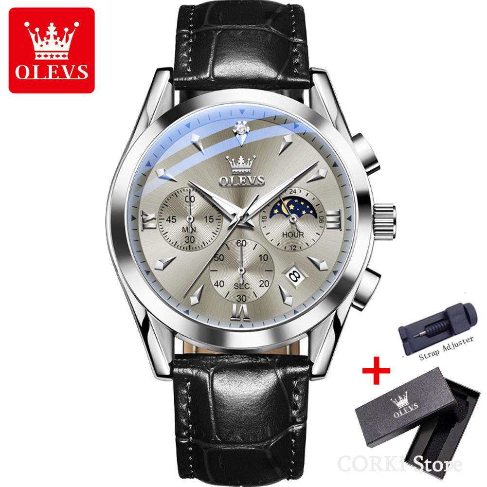 OLEVS 3609 Luxury Leather Quartz Mens Wristwatches Original Moon Phase Chronograph Waterproof Luminous Watch for Men Reloj Mujer