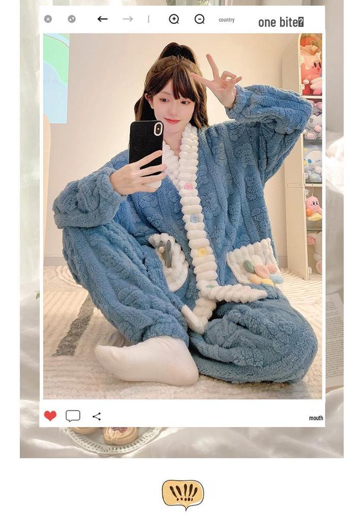 Women’s Winter Coral Fleece Pajama Set - Long Sleeve Flannel Cardigan, Thick Warm Plus Size Home Wear