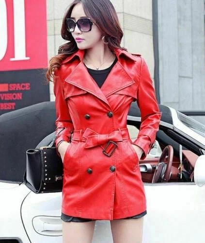 Trench Coat Red Handmade Lambskin Genuine Leather Casual Formal Wear New Women