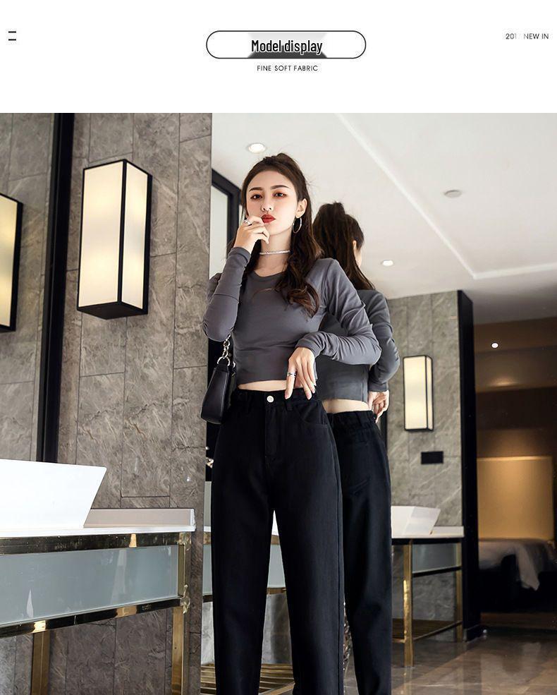 2025 Winter Black Velvet Thickened High-Waist Slimming Loose Harem Jeans for Petite Women