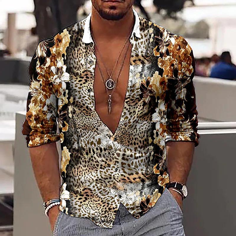 Camicia da Uomo Leopardata alla Moda Top Viola Zaffiro Grigio Casual da Esterno Primavera Estate Materiale di Alta Qualità Taglie Forti