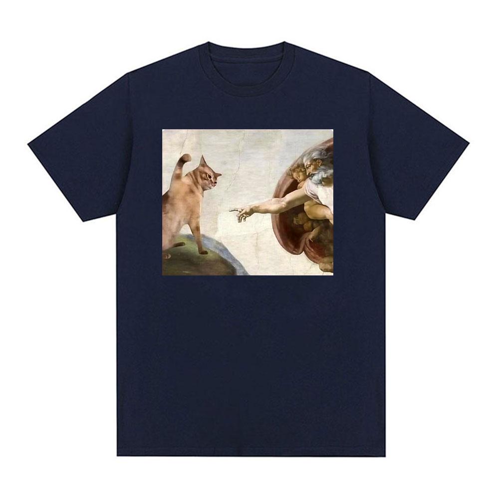 T-shirt Unisex Uomo Donna Moda Vintage Cotone Manica Corta Classica con Meme Gatto Divertente Pittura Creazione di Michelangelo Rinascimento