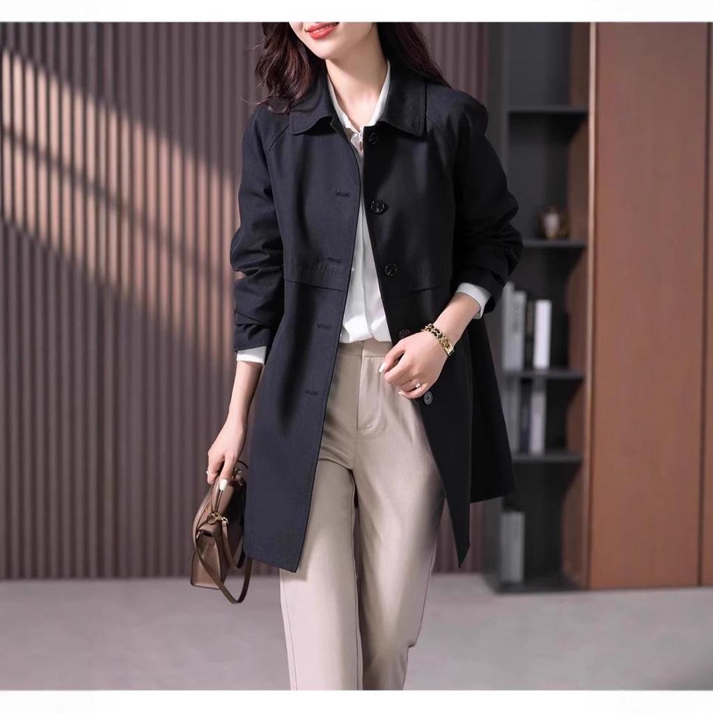 Women's British Style Mid-Length Trench Coat - 2025 Korean Edition for Spring & Autumn, High-End Straight-Cut Design