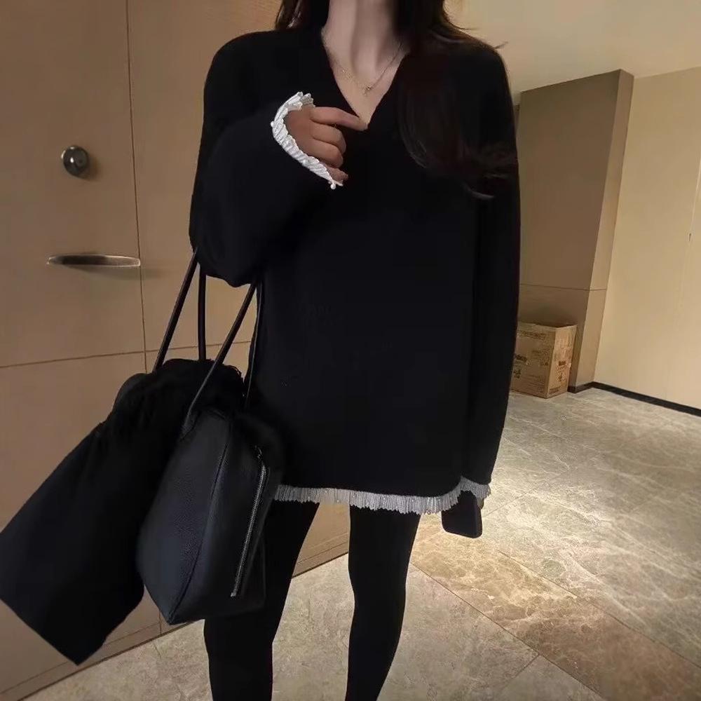Women's Korean V-Neck Mid-Length Knit Sweater - Autumn/Winter 2024, Casual Loose Fit, Slimming, Soft & Fluffy.