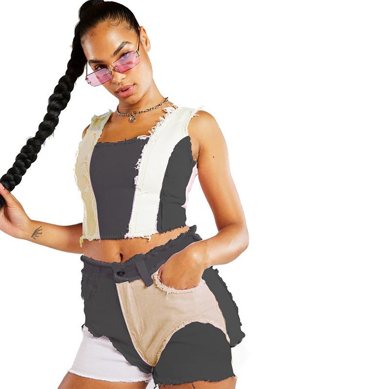2024 Summer Women's Shorts Multi Color Panel Elastic Women's Denim Shorts