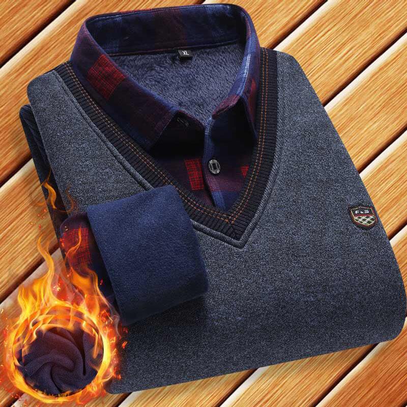Men's Autumn/Winter Knit Sweater with Fake Two-Piece Shirt Collar - Plus Velvet, Middle-Aged & Young Styles.