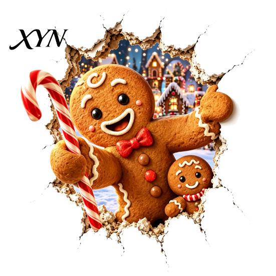 Seasonal Wall Art Christmas Break-In 3D Decal, Santa Claus/Deer/Snowman/Elf/Dog/Nutcracker/Gingerbread Man Patterns Window Holiday Atmosphere
