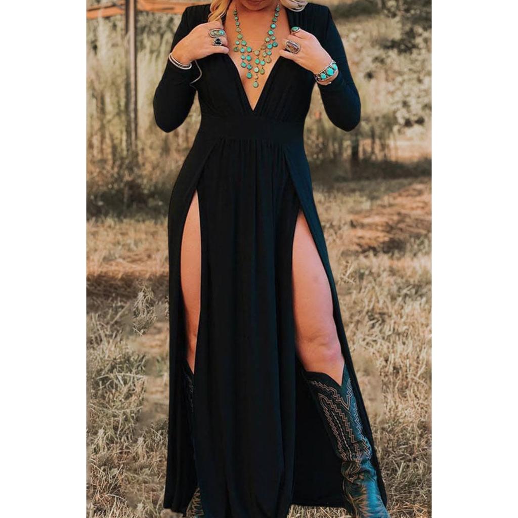 Damen V-Ausschnitt Langarm Einfarbiges Maxikleid Lockere Passform Hohe Taille Lässig Westlicher Stil Doppelter Schlitz Partykleid