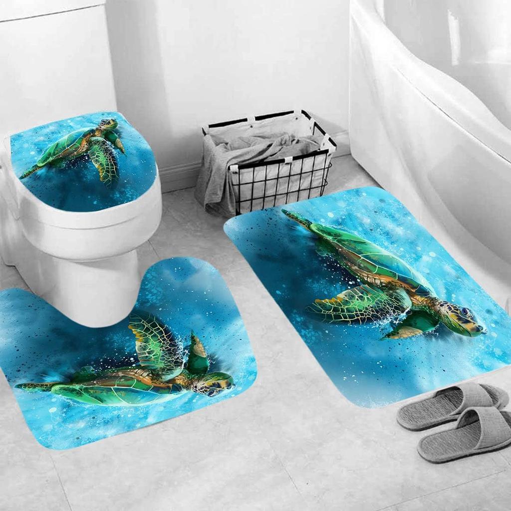 Vierteiliges Set, Bodenmattenhaken, Meeresschildkröte, Ozean-Duschvorhang, Badezimmer-WC-Dreiteiliges Set, Ohne Bohren