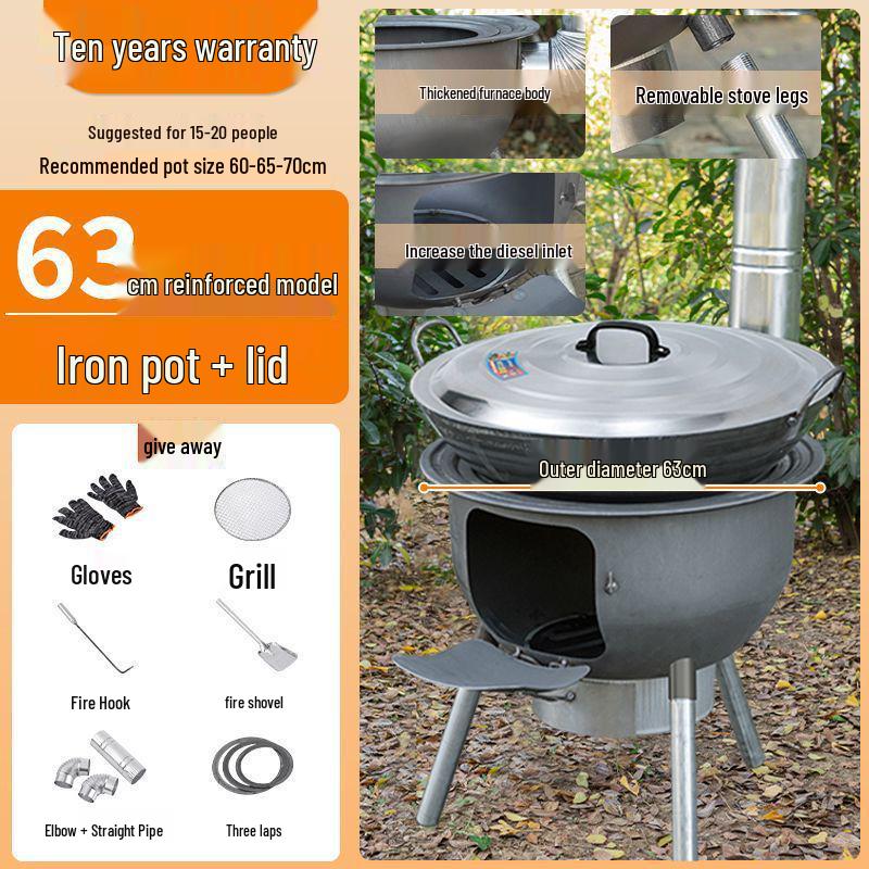 Thickened Integrated Firewood Stove for Outdoor & Rural Home Use: Portable Iron Pot & Extra Heat.