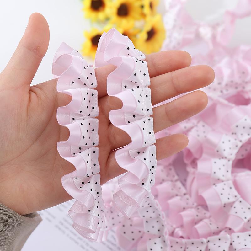 2.5cm Double-Sided Black Polka Dot Satin Ribbon with Double Layer Pleated Lace for DIY Doll Dress Hem Accessories