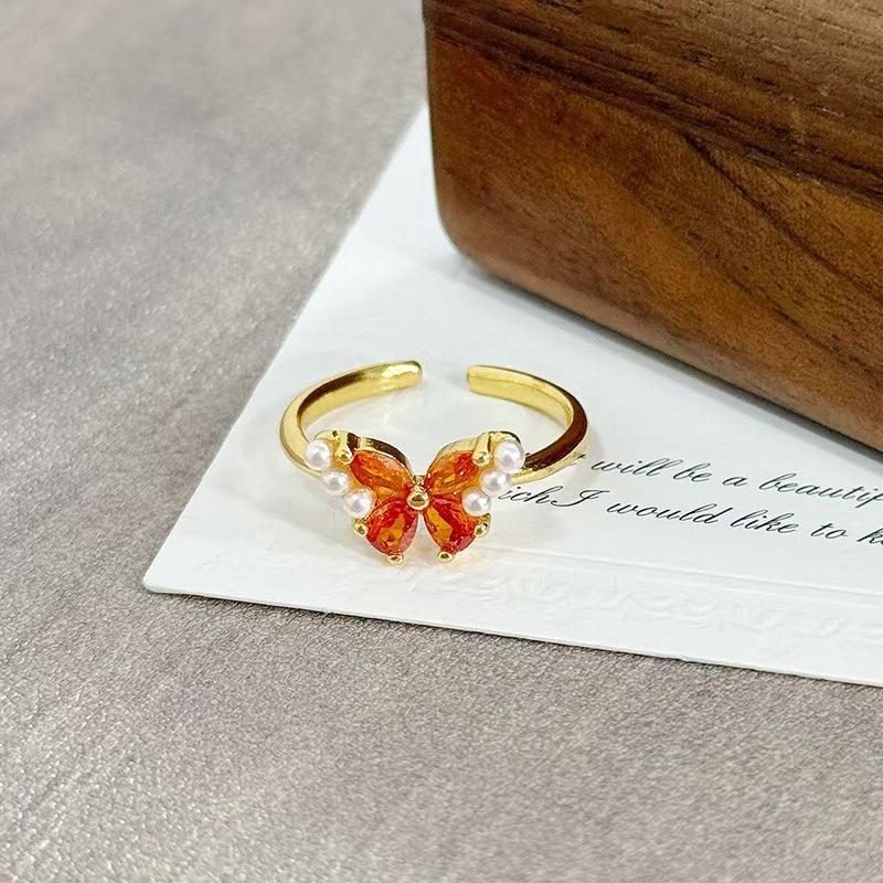 Medieval Vintage Orange Red Zircon Inlaid Simple Open Ring Female Retro Flower Temperament Niche Index Finger Ring
