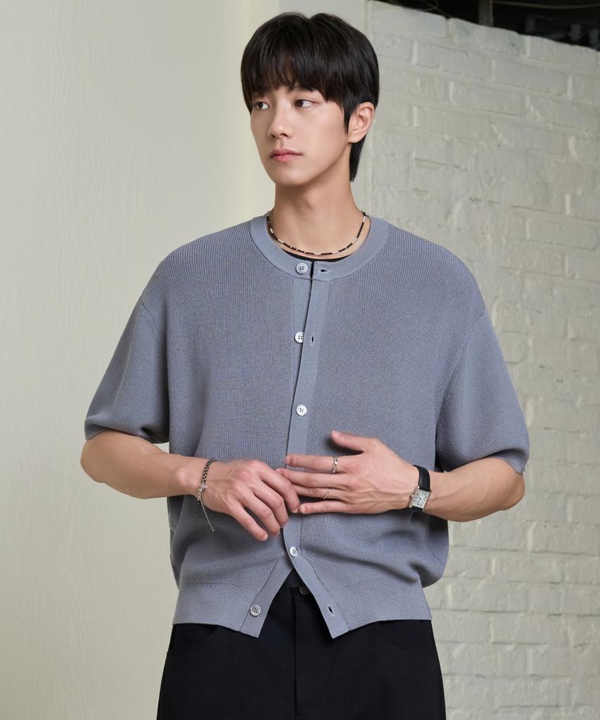 Hyoji Ss Washable Loose Fit Cropped Round Hachi Short Sleeve Knit Cardigan