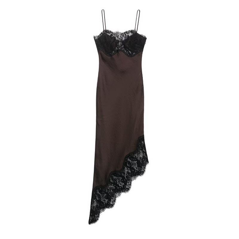 

European & American 2025 Summer Women s Asymmetrical Lace Satin Dress 477211 Large коричневый