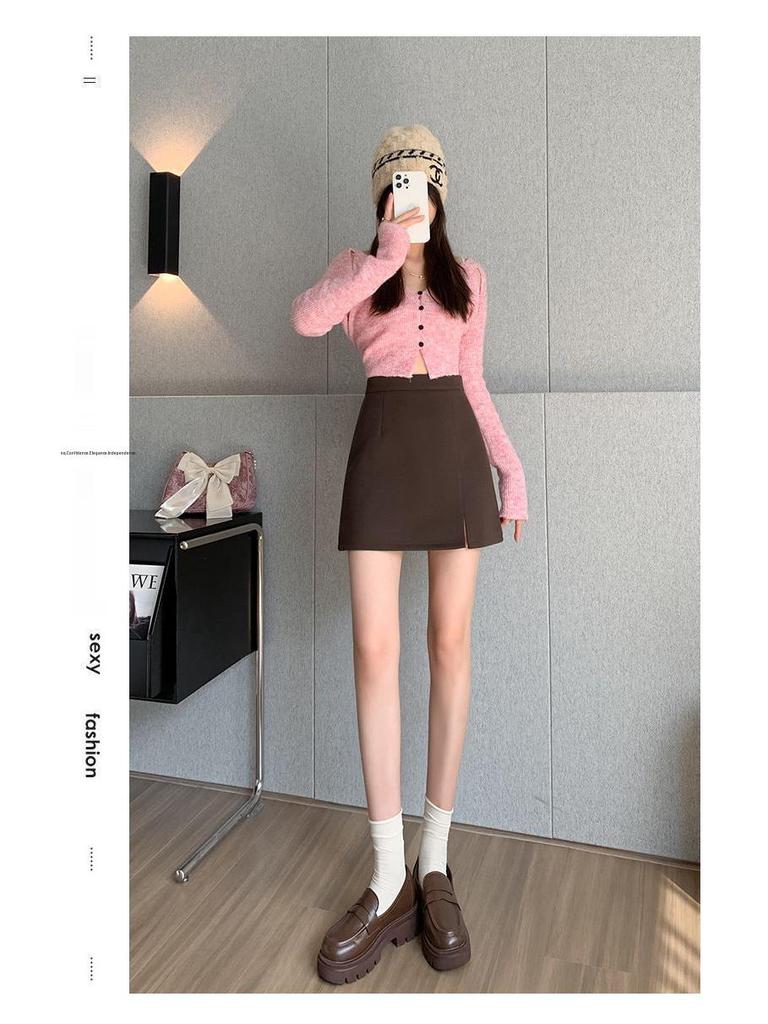 Petite High Waist Zipper Slit A-line Mini Skirt – Spring & Autumn Slimming Hip-Hugging Style.