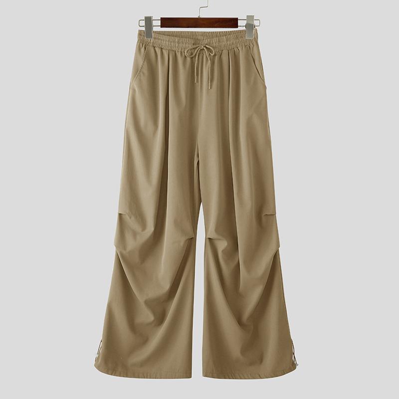 INCERUN Men Pants Casual Elastic Waist Long Ruffled Cargo Trousers