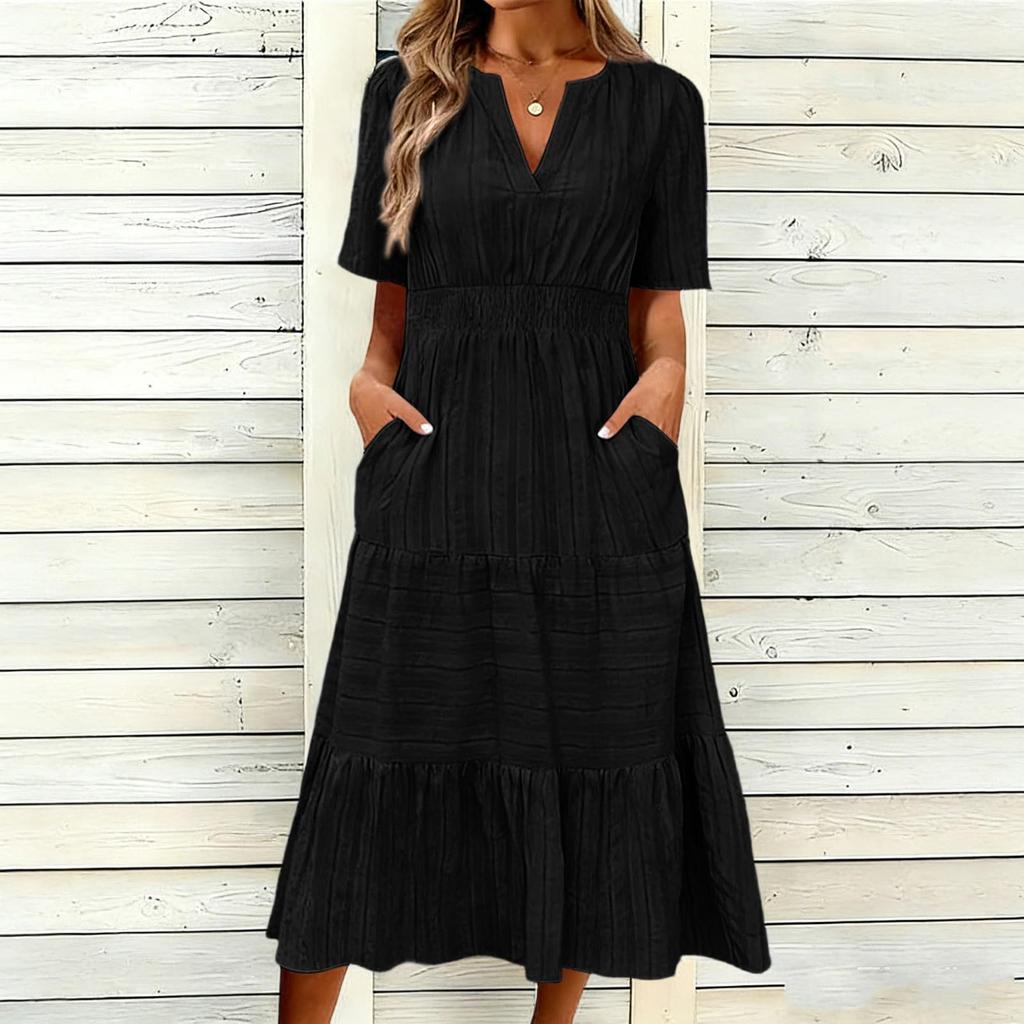Women's Casual V Neck Dress with Gathered Puff Sleeves and Flared Hem Short Sleeve Midi Dress with Pockets