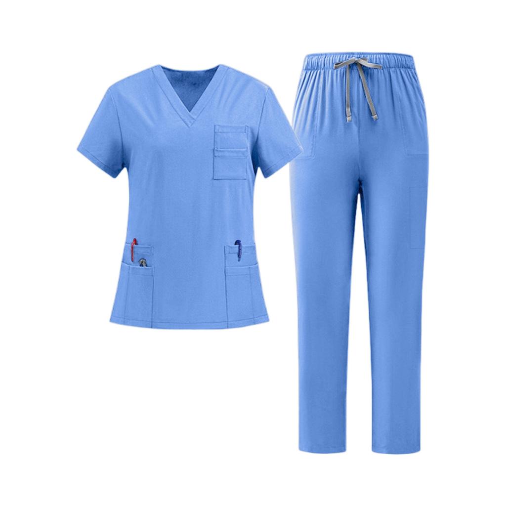 Women's Uniform Quick Dry V-Neck Short Sleeve Top with Pockets and Pants Set Scrub Uniform