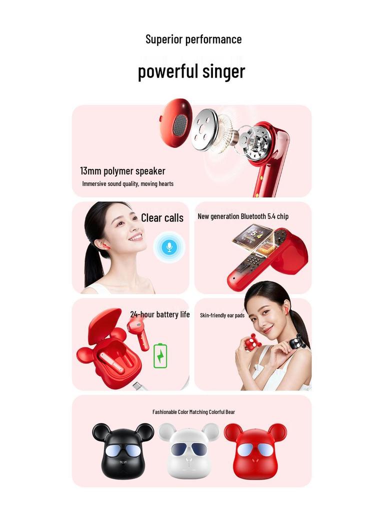 2025 Violent Bear Bluetooth Earphones: Wireless, Mini, High Quality, Long Battery Life, T58 Gift Ornament